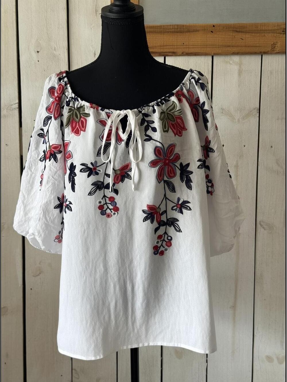 White Linen Floral Embroidered Peasant Blouse